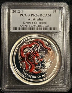 PCGS PR69DCAM 2012-P $1 AUSTRALIA DRAGON 1 oz SILVER COLORIZED - Picture 1 of 4