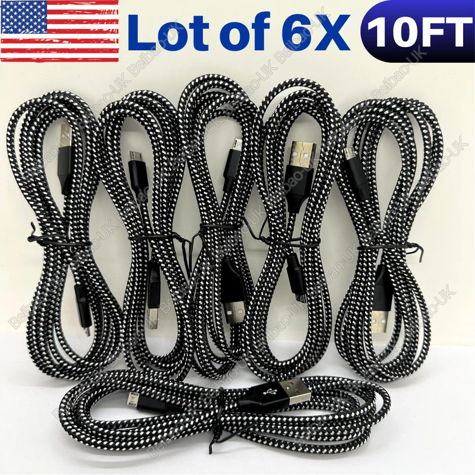 10Ft Micro USB Charging Cable Data Sync Charger Cord for Android Samsung LG 6PCS - Image 1 of 4
