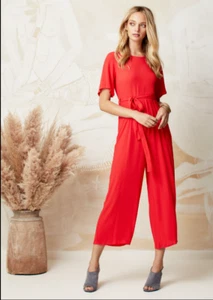Mister Zimi Womens Nina Jumpsuit Size 10 Red Cropped Short Sleeve Crepe Wide Leg - Picture 1 of 15