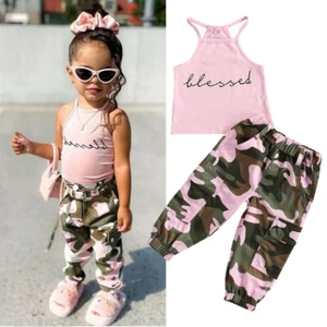 Kleinkind Neugeborenes Baby Mädchen Outfits Kleidung Druck Neckholder Weste Camouflage Hose Set - Bild 1 von 9