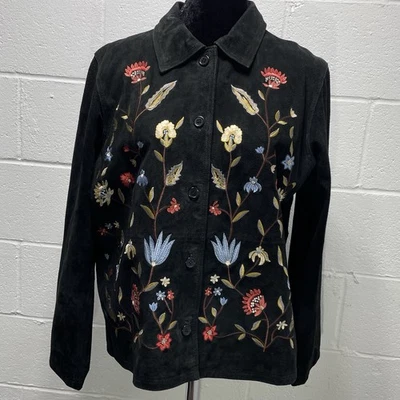 Vtg Dialogue Black Suede Embroidered Floral Jacket Western Cottagecore Boho Sz M - Image 1 of 4