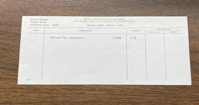 RARE Vintage 1976-78 NHL Cleveland Barons Souvenir Refund Slip Statement - Image 1 of 2