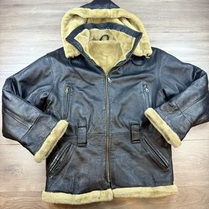 Wilda Black Leather Sherpa Lined Flight Bomber B3 Style Jacket Hooded Mens Large - Picture 1 of 19