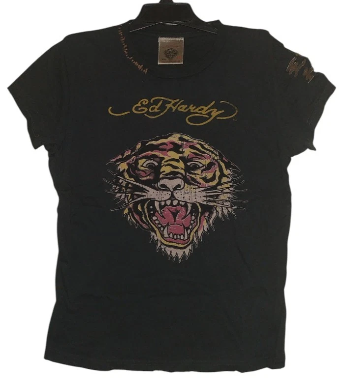 Camiseta Ed Hardy Niñas Talla 10 Puntada Negra Camiseta Tigre Y2K Retro Usada Desteñida Nueva Con Etiquetas  Foto 1 de 4