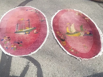 Antique Chinese Art Deco Oval Rugs Pair each 5'6" X 3'2" circa 1920 - image 1 of 4