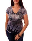 Women's Brown Gray Blouse Top with Crown Royal Print and Rhinestones - Size 2X
