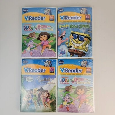 VTech V.Reader Learning System Video Game Cartridges Lot of 4 New Dora Tinkerbel - Image 1 of 4