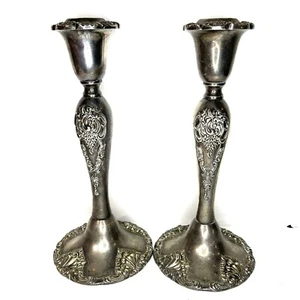 Pair Godinger Antique Baroque Silverplate Candlesticks Grapes Scroll Design 8.5" - Picture 1 of 8