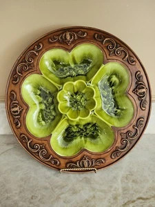 Vintage Treasure Craft Divided Serving Dish Chip Dip Brown Green 4 Leaf Clover - Picture 1 of 6