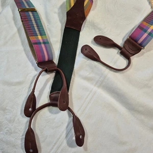 POLO RALPH LAUREN SUSPENDERS MULTI PLAID WITH LEATHER AND GOLD TONE ACCENTS - Picture 1 of 11