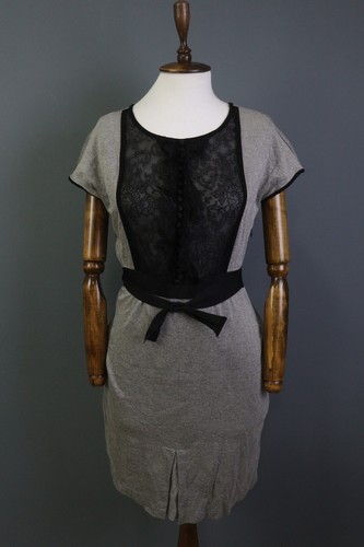 Abito RED VALENTINO grigio manica corta pizzo overlay cintura lunghezza ginocchio linea A