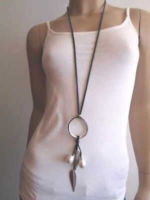 Hals Kette lang Modekette Bettelkette Band Lagenlook Statement Silber Perlen Neu - Bild 1 von 4