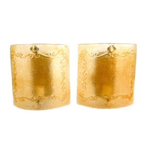 Vintage Pair Murano Art Glass Wall Sconces Amber Graniglia Frosted c 1970s - Picture 1 of 14