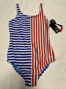 Speedo Girls' Striped Blocked One Piece Swimsuit Red White Blue Size 8 - Picture 1 of 5