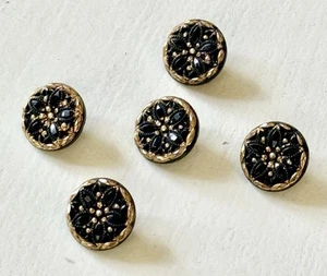 Vintage Czech Intricate Jet Black Glass W/ Gold Flower Buttons-1/2”-Set Of 5 - Picture 1 of 7