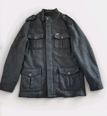 Chaqueta Mark Ecko Corte y Coser Mezcla de Lana Cuadros Para Hombres Chaquetón Brazo Logo Parche Mediano  Foto 1 de 4