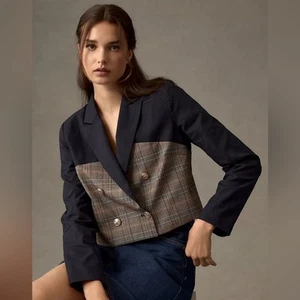 Jason Wu Navy Linen & Plaid Mixed Media Double Breasted Cropped Blazer L - Bild 1 von 12
