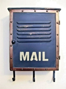 NIB 17.5" x 12"  Hinged Vented Front Metal Rustic Blue MAIL BOX 3 Hook Cabinet - Picture 1 of 10