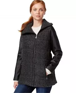 Neu mit Etikett G. H. Bass & Co SCHWARZ Wollmischung und Kunstlederärmel Jacke Mantel XS - Bild 1 von 1