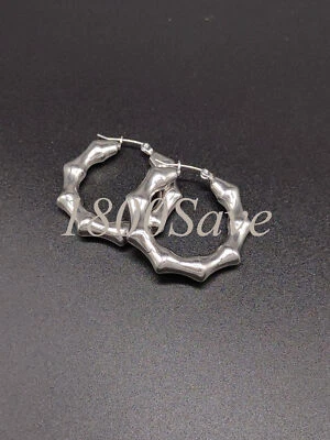 Гипоаллергенные круглые серьги-кольца из белого золота 18 карат с бамбуковым соединением 38 мм 6 мм - Изображение 1 из 2