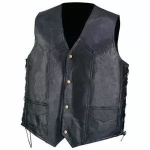 Motorcycle Biker Vest CHL Solid Leather Black Pockets Inside New Diamond Plate - Picture 1 of 2