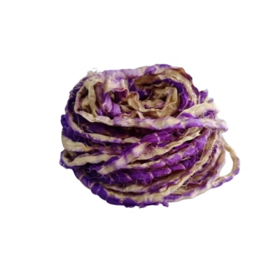 Sari Silk Ribbon super bulky yarn -Purple,Cream -Sari Silk Ribbons - Silk Strips - Image 1 of 4