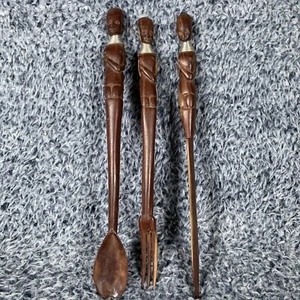 Afrikanische handgeschnitzte Holzfiguren Gabel Löffel Messer Utensilien - Bild 1 von 23
