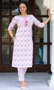 Hermosa tela de algodón indio impreso kurti trabajo bordado juego de pintura kurta - Imagen 1 de 4