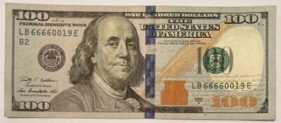 $100 - Four of a Kind 6s Fancy Serial Number One Hundred Dollar Bill LB66660019A - Image 1 of 2