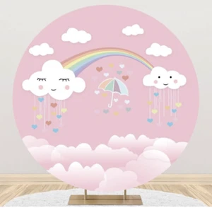 RAINBOW CLOUDS HEARTS PINK UMBRELLA PARTY ROUND BIRTHDAY PERSONALISED BANNER - Picture 1 of 2