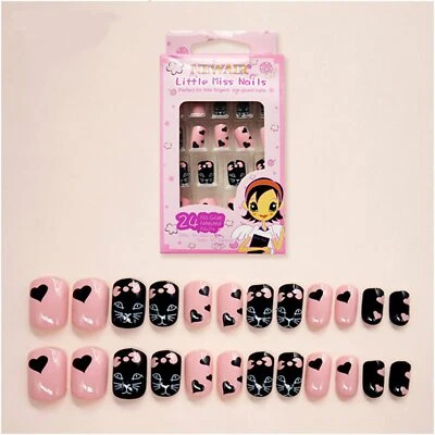 DRESS YOUR NAILS CHILDREN'S FALSE NAILS Children's False Nails KIDS Full Cover Pink + Black Hearts, Bows + Cat