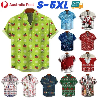 Mens Christmas Shirt Beach Hawaiian Funny Casual Santa Summer XMAS Party Tops AU - image 1 of 4