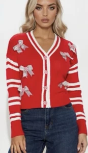 Mädchen Peppermint Time Bonbonrot Strickjacke Pullover weiß Schleife Knöpfe Größe XL/16 Neu mit Etikett - Bild 1 von 5