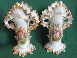 Pair Antique Victorian Old Paris Porcelain 15" Ornate Flair Wedding Vase - Picture 1 of 24