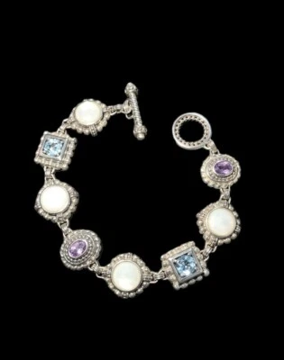 Pulsera de plata de ley vintage estampada A925 Tailandia con piedras preciosas Foto 1 de 4