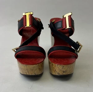 TORY BURCH Women's Tory Navy Red Volcano Angeline Wedge Sandals Sz 6.5 $325 NWD - Imagen 1 de 8