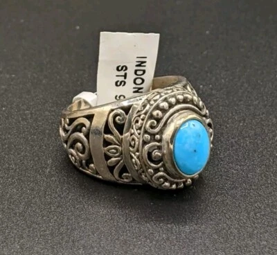 Anillo Turquesa Plata de Ley 925 STS Talla 8.25 Ornamentado Estilo Bali Boho  Foto 1 de 4