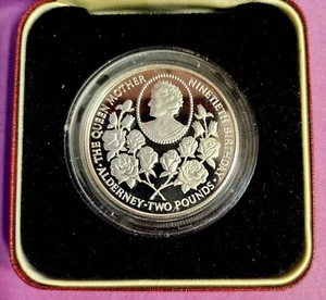 1990 Alderney Proof Queen Mother 2 Pounds Silver Coin in Box w/ CoA #I3835 - Picture 1 of 7