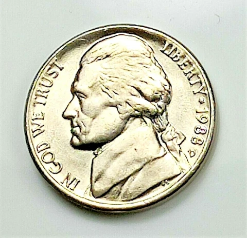1988 D Jefferson Nickel - BU Coin Pulled from an OBW Roll Cover