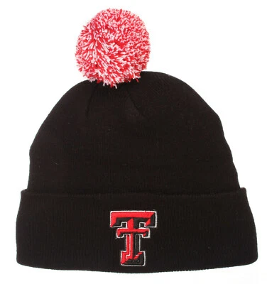 TEXAS TECH RED RAIDERS NCAA  VINTAGE BLACK KNIT BEANIE POM Z  SKI CAP HAT NWT! - Image 1 of 3