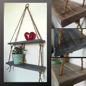 Rustic Shelves Handmade Wooden Natural Wood Floating Hanging Rope Wall Shelf  - Picture 1 of 91