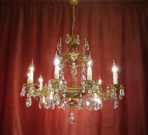 ANTIQUE CHANDELIER BRASS CRYSTAL CEILING LAMP 10 Lamps upwards 5 downwards Ø 27" - Picture 1 of 11