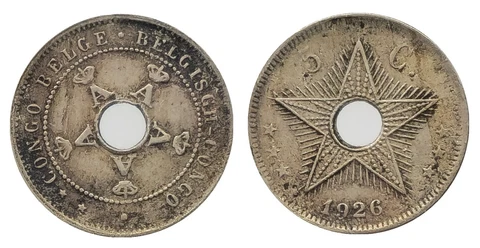 1926 Belgian Congo 5 Centimes Coin, King Albert I Monograms, Shining Star Cover
