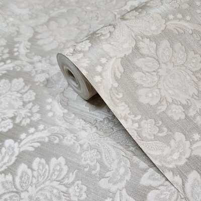 Papel de parede texturizado tecido de seda sintética glitter damasco vitoriano cintilante bege acastanhado - Imagem 1 de 4