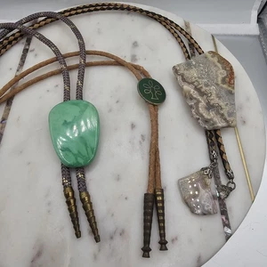 Vintage Western Bolo Tie Lot Natural Stone Agate Tree Jewelry Set Mens Womens - Picture 1 of 5
