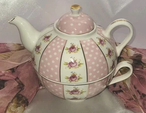 Elegance Tea For One Set Porcelain Pink Roses Polka Dots Gold Trim 5" H NWOT - Picture 1 of 7
