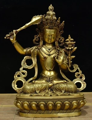 12.9" Budismo Tibetano Púrpura Bronce Sit Lotus Wenshu Manjushri Kwan-yin Estatua Foto 1 de 4