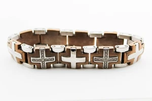 VINTAGE ESTATE LARGE MANS BRONZE STEEL CROSS BRACELET - Picture 1 of 3