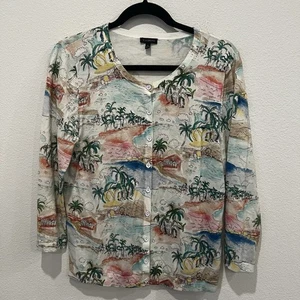 Talbots Cardigan Sweater Womens Sz M Coastal Tropical Palm Trees 3/4 Sleeve - Picture 1 of 6