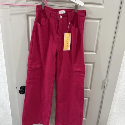 Pantalones de mezclilla cargo Risen Los Angeles tiro alto pierna ancha talla 11/30 rosa fucsia nuevos con etiquetas Foto 1 de 4